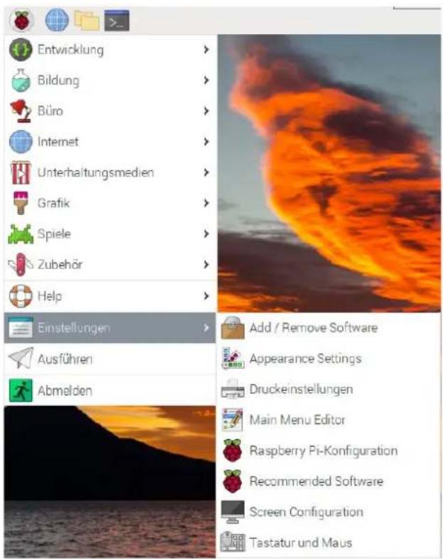 Entwicklung Bildung Büro Internet Unterhaltungsmedien Grafik Spiele Zubehör Help Einstellungen Ausführen Abmelden Add / Remove Software Appearance Settings Druckeinstellungen Main Menu Editor Raspberry Pi-Konfiguration Recommended Software Screen Configuration Tastatur und Maus