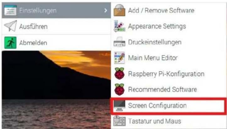Einstellungen Ausführen Abmelden Add / Remove Software Appearance Settings Druckeinstellungen Main Menu Editor Raspberry Pi-Konfiguration Recommended Software Screen Configuration Tastatur und Maus