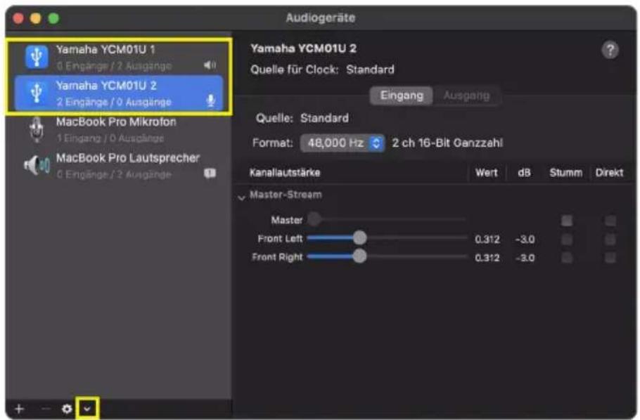 Audiogeräte Yamaha YCM01U 1 0 Eingänge / 2 Ausgänge Yamaha YCM01U 2 2 Eingänge / 0 Ausgänge MacBook Pro Mikrofon 1 Eingang / 0 Ausgänge MacBook Pro Lautsprecher 0 Eingänge / 2 Ausgänge Yamaha YCM01U 2 Quelle für Clock: Standard Eingang Ausgang Quelle: Standard Format: 48,000 Hz 2 ch 16-Bit Ganzzahl Kanallaustärke Wert dB Stumm Direkt Master-Stream Master Front Left 0.312 -3.0 Front Right 0.312 -3.0