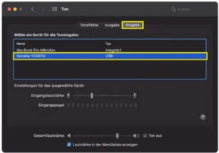 Toneffekte Ausgabe Eingabe Wähle ein Gerät für die Toneingabe: Name Typ MacBook Pro Mikrofon Integriert Yamaha YCM01U USB Einstellungen für das ausgewählte Gerät: Eingangslautstärke: Eingangspegel: Gesamtlaufstärke: Ton aus Lautstärke in der Menüleiste anzeigen