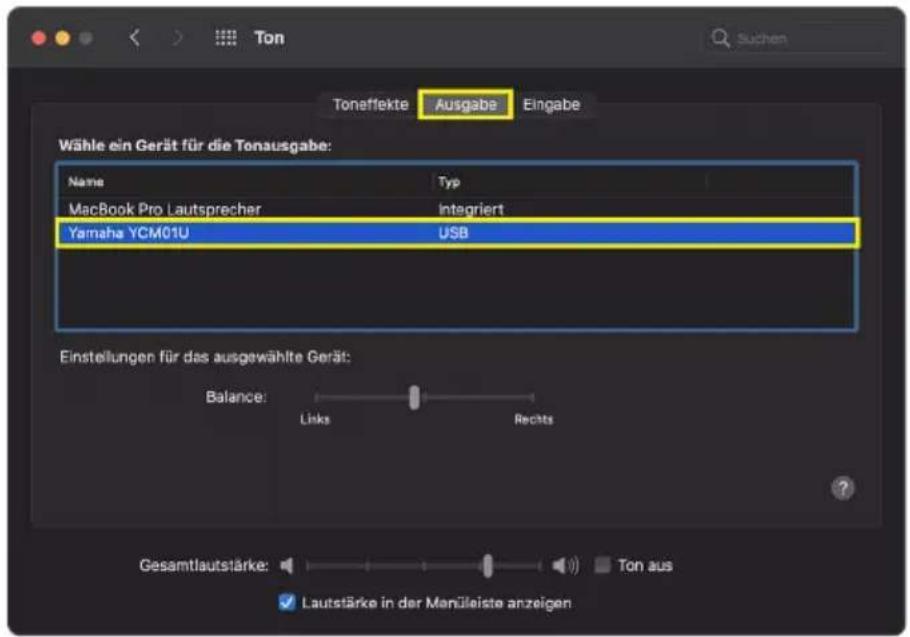 Toneffekte Ausgabe Eingabe Wähle ein Gerät für die Tonausgabe: Name Typ MacBook Pro Lautsprecher Integriert Yamaha YCM01U USB Einstellungen für das ausgewählte Gerät: Balance: Links Rechts Gesamtlaufstärke: Ton aus Lautstärke in der Menüleiste anzeigen