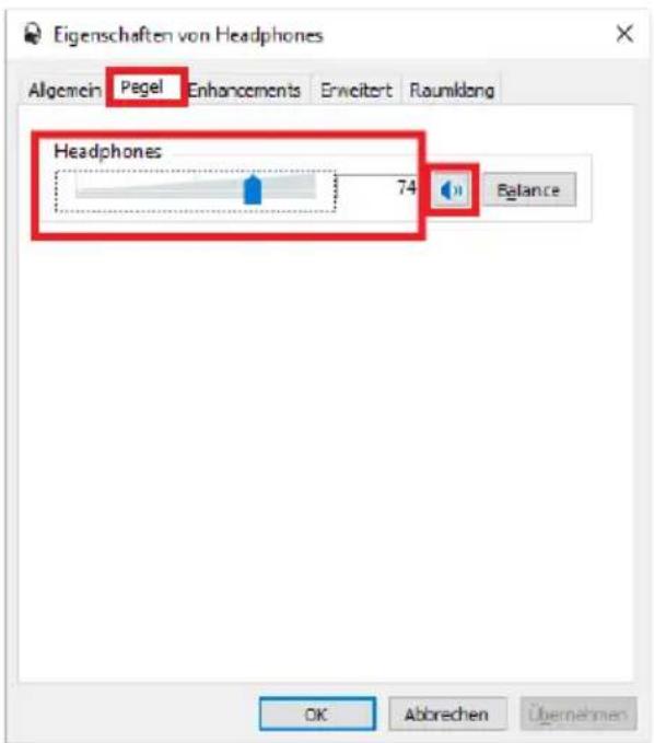 Eigenschaften von Headphones Allgemein Pegel Enhancements Erweitert Raumildang Headphones 74 Balance OK Abbrechen Übernehmen