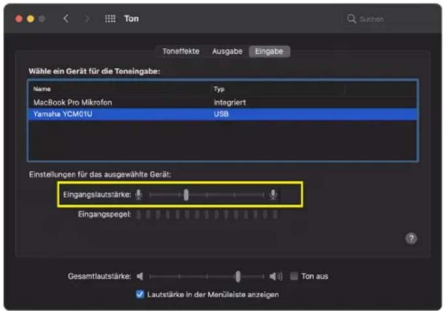Ton Toneffekte Ausgabe Eingabe Wähle ein Gerät für die Toneingabe: Name Typ MacBook Pro Mikrofon Integriert Yamaha YCM01U USB Einstellungen für das ausgewählte Gerät: Eingangslautstärke: Eingangspegel: Gesamtlautstärke: Ton aus Lautstärke in der Menüleiste anzeigen