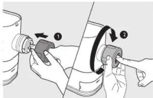 Diagram showing two-step installation of a mechanical component, labeled with parts 1 and 2.