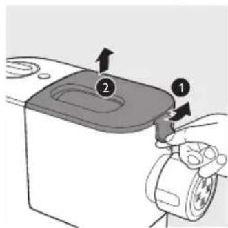 Diagram showing a kitchen appliance with labeled parts and directional arrows indicating motion or assembly.