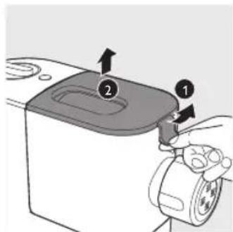 Diagram showing a washing machine with labeled parts and directional arrows indicating motion or assembly.