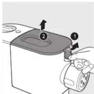 Diagram showing a hand operating a washing machine with labeled parts 1 and 2, indicating a step in the process.