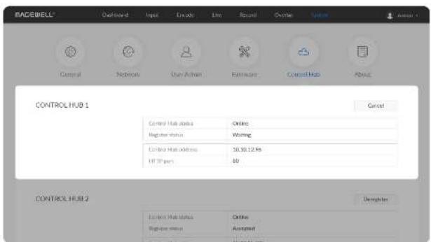 RACEWELL Control Network User Active Authentication Control Hub About CONTROL HUB 1 Cancel Control Hub status Online Register status Writing Control Hub address 30.50.12.96 FTP port 40 CONTROL HUB 2 Completion Control Hub status Online Register status Accepted