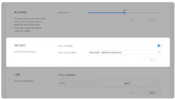 A/V SYNC Analog output Auto recording Record parameters Auto-record jolly Automatic - USB drive connected Live 25 User (LIME) IP Set the parameters: H12 3000 Apply Cancel