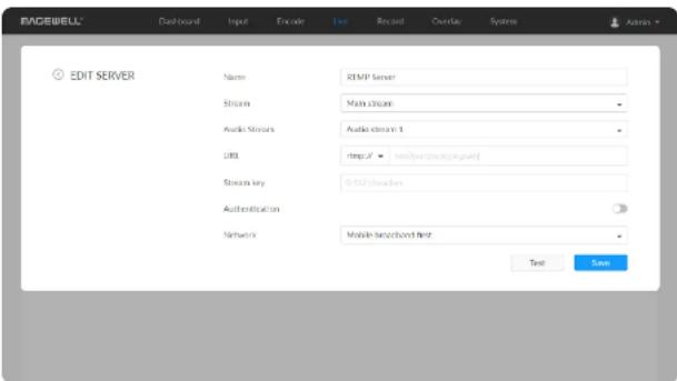RAGEWELL Dashboard Input Encode Use Record Overlay Systems Edit SERVER Name RAMP Server Stream Main stream Audio Streams Audio streams 1 URL http://www.ramp.org/2017 Stream key 0.502 devices Authentication Network Mobile branch first Text Save