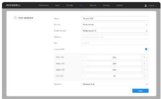 FACEBELL® Edit SERVER Name: TS over FTP Balance: None store Audio Stream: Audiostream 1 Address: Port: License PD FMT PD Video PD Audio PD PCB PD Networks: Ethernet Real Save