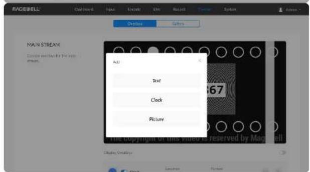 RACEBELL Cash award Input Create Live Record Theme System Options Delete Main STREAM Example replaced for the main stream. Add Text Clock Picture 67 The Copyright of this Video is reserved by Marcell Display Options
