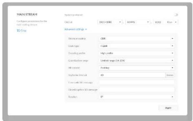 MAIN STREAM Configure parameters for the and adopting stream 11 Crop System parameters: OKOUT 1925-2080 60 FPS 8592 Run Advanced settings Show encoding CBR Cook type 11264 Existing profile High profile Guardation range Limited range (34.21%) AR content Polling Keyframe Interval 60 Inner Time saved: 50 minutes Closed capture: 50 seconds Rotation 0° Apply