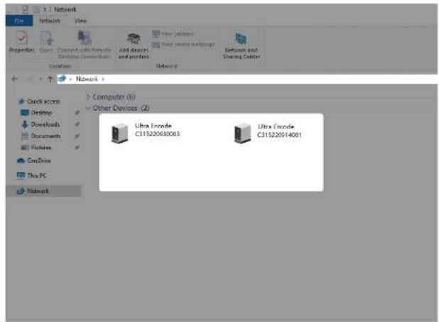 File Network Vite Properties Options Connect to Devices Distributing Server Windows Internet Network and Sharing Center Network Quick access Desktop Downloads Documents Pictures CreDrive This PC Network Computer (B) Other Devices (Q) Ultra Encode C31520014001 Ultra Encode C31520014001