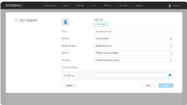 RACOWELL Dashboard Input Delete View Record Counter System Edit EDIT SERVER Name: Audio Stream System: Main stream: Audio Stream 2 Server: Primary server (msps) Messages: Mobile broadcast final Push settings: Push to: Delete Text Save