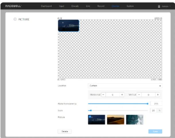 MAGEWELL Dashboard Input Encode Live Record Overlay System Admin PICTURE R: 0 12/03/2015 R: 16453 R: 16453 Location Current Horizontal - C + Vertical - O + Alpha transparency 25% Scale 50 % Picture Create Save