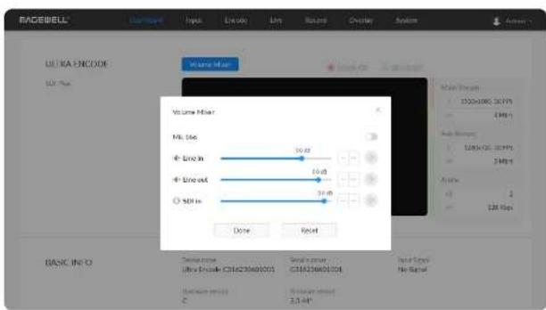 RACEWELL Output Input Live video Live Restore Customize System Options ULTRA ENCODE 50 Hz Volume slider Volume slider N: Live 40 Hz 4 MHz Auto buttons 1000x1000 x 30MHz 24MHz Audio 128 Kbps NONE Reset BASIC INTO Double name Ultra Encode C:\6423\6401001 Send user name C:\6423\6401001 Send User Name No Rated Baseline version: C:\1.4M* Volume slider