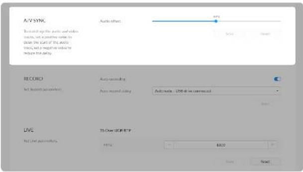 A/V SYNC Audio output OFF Record RECORD Audio recording Audio record slot Automatic - I/O is connected LIVE TLO-Off TCP/IP OFF 1000 OK OK