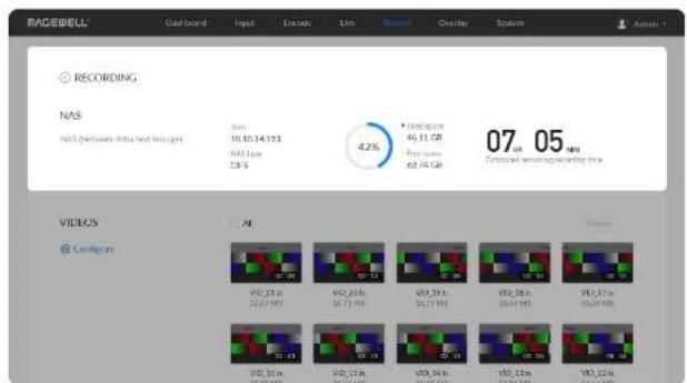 RACEBELL® Gazard Input Encode Live Overlay System Recording NAS NAS Network Audio Record 10.10.14 123 NAS Live CBS 42% Unifocus 46.11.08 Free space 62.74.08 07:05 05:00 Video set at the beginning of the video VIPS Config.as VIPS 23 m 22/27/08 VIPS 25 M 26/13/08 VIPS 29 M 26/27/08 VIPS 33 m 25/04/08 VIPS 37 m 25/07/08