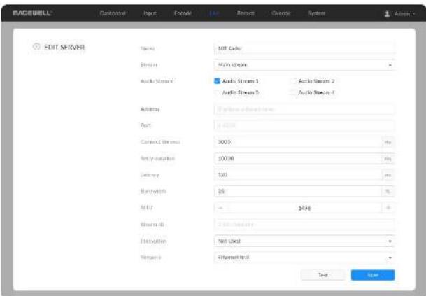 RAGOBELL Edit SERVER Name: SRT Color Stream: Main Stream Audio Stream 1 Audio Stream 2 Audio Stream 3 Audio Stream 4 Address: Port: 10000 Contact Time: 3005 ms Play Duration: 100.00 ms Latency: 120 ms Bandwidth: 25 % MID: 1476 Noise ID: 0 dB Inst Voltage: Not Used Networks: Ethernet port Test Save