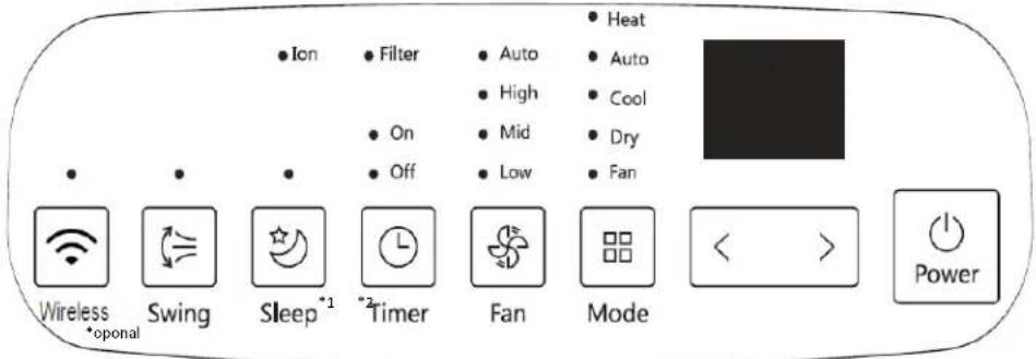 • Ion • Filter • Auto • High • On • Mid • Low • Heat • Auto • Cool • Dry • Fan Wireless *oponal Swing Sleep *1 *2 Timer Fan Mode < > Power