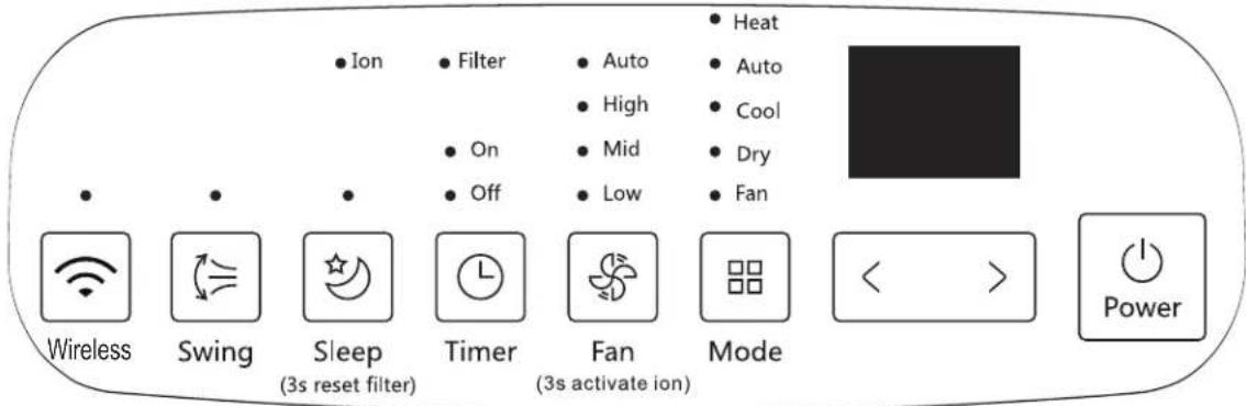• Ion • Filter • Auto • High • Mid • Low • Heat • Auto • Cool • Dry • Fan Wireless Swing Sleep (3s reset filter) Timer Fan (3s activate ion) Mode < > Power