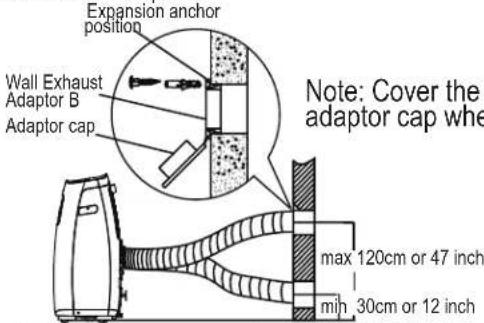 Expansion anchor position Wall Exhaust Adaptor B Adaptor cap Note: Cover the adaptor cap whe max 120cm or 47 inch min 30cm or 12 inch