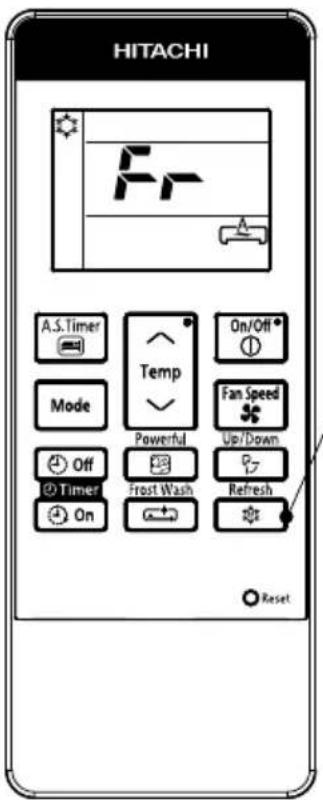 HITACHI A.S. Timer Mode Off Timer On Temp Powerful Frost Wash On/Off Fan Speed Up/Down Refresh Reset