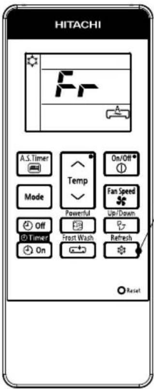 HITACHI A.S. Timer Temp On/Off Mode Powerful Fan Speed Up/Down Off Timer Frost Wash Refresh On Reset