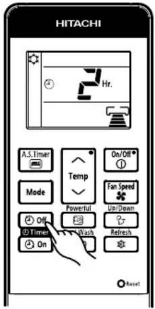 HITACHI 3 Hr. A.S. Timer Temp On/Off* Mode Powerful Fan Speed Up/Down Off Timer Wash Refresh On Reset