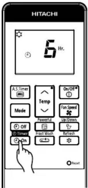HITACHI 6 Hr. A.S.Timer Mode Off Timer On/Off+ Temp Powered Frost Wash Fan Speed Up/Down Refresh Reset