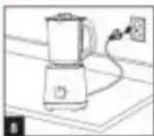 Line drawing of a blender with a power outlet connected to a surface (no text or symbols)