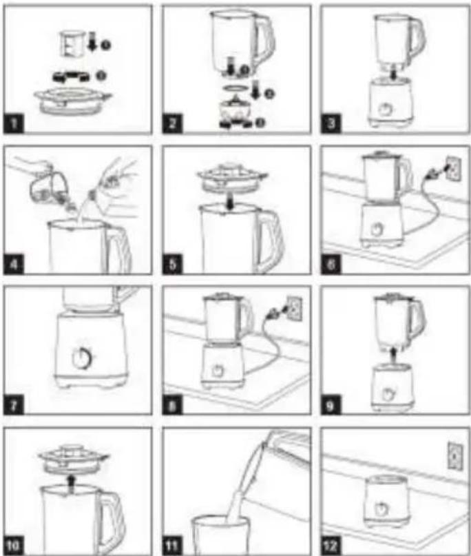 Technical diagram of a blender with numbered parts and exploded view of the lid