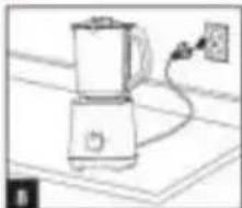 Line drawing of a blender with a power cord and electrical outlet (no text or symbols)