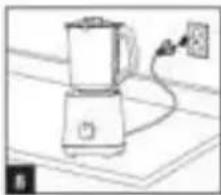 Line drawing of a blender with a power cord and electrical outlet (no text or symbols)