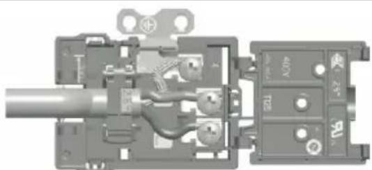 Cross-sectional diagram of a mechanical or electrical component with internal wiring and labeled ports (no readable text or symbols)