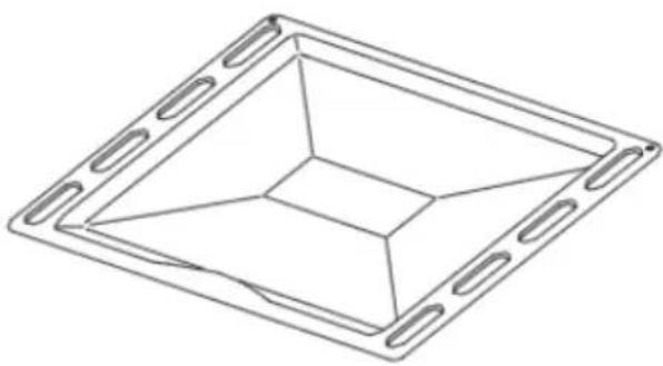 Isometric line drawing of a square frame with internal geometric lines and mounting holes (no text or symbols)