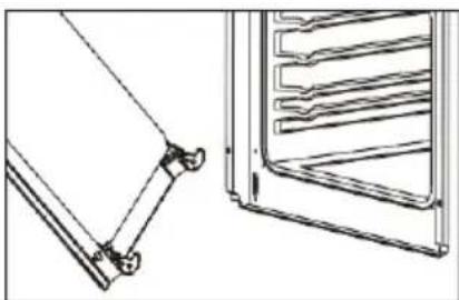 Technical line drawing of two mechanical components: a bracket and a door frame (no text or symbols)