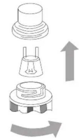 Diagram showing three mechanical components with an upward arrow indicating rotation or assembly (no text or symbols present)