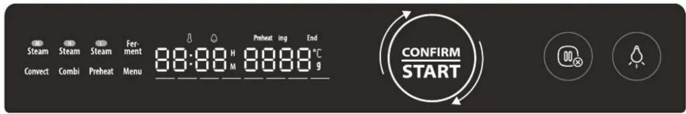 Steam Steam Steam Fer-ment 88:88 H 8800 °C Convect Combi Preheat Menu ---- 8800 g Preheat ing End CONFIRM START