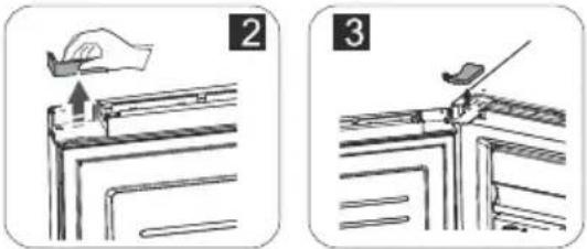 Diagram illustrating two steps of a door handle installation, labeled 2 and 3 with hand placement and tool insertion.