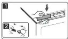 Diagram showing mechanical assembly steps with labeled parts and directional arrows
