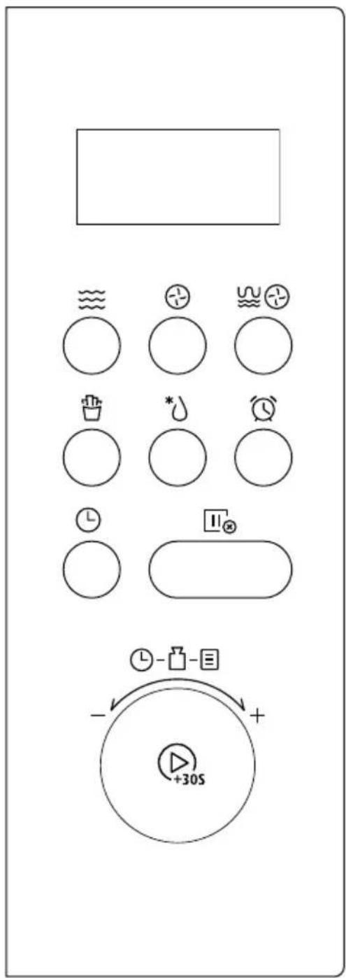 Diagram showing various icons and labels on a control panel, including circles, meters, alarm clock, timer, and playback controls.