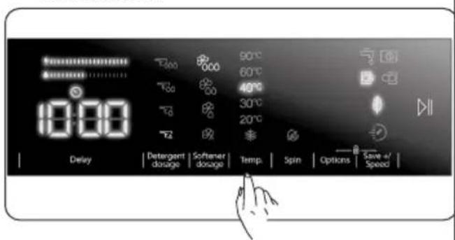 10:00 Delay Detergent dosage Softener dosage Temp. Spin Options Save +/ Speed