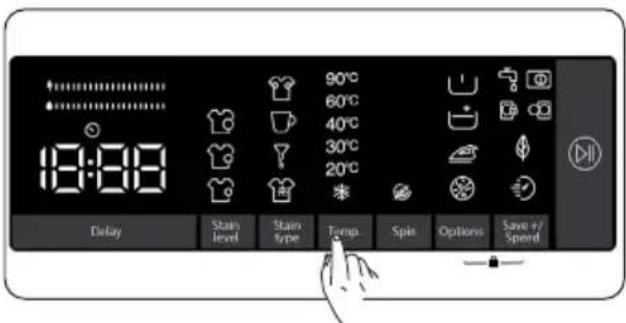 18:00 90°C 60°C 40°C 30°C 20°C * Delay Stain level Stain type Temp. Spin Options Save +/Speed