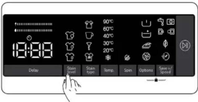 18:00 90°C 60°C 40°C 30°C 20°C Delay Stain Level Stain type Temp. Spin Options Save+/Speed