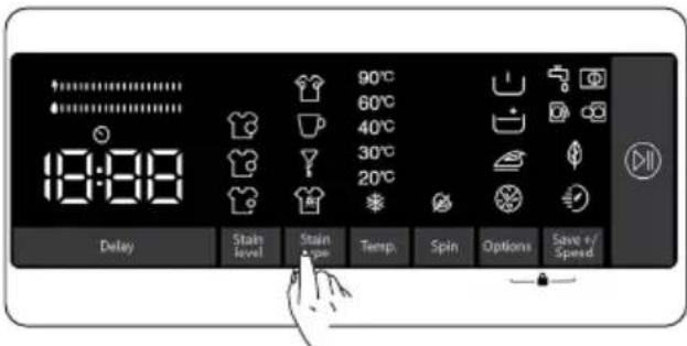 18:00 90°C 60°C 40°C 30°C 20°C Delay Stain level Stain type Temp. Spin Options Save or Speed