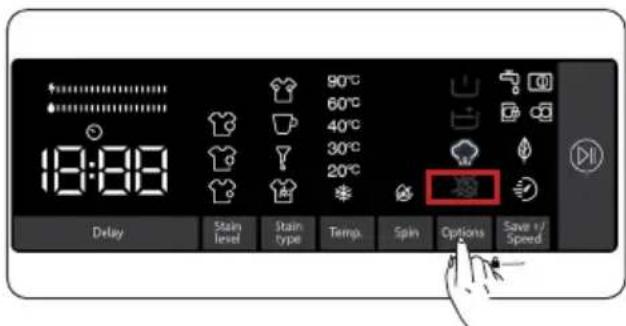 18:00 90°C 60°C 40°C 30°C 20°C Delay Stain Level Stain type Temp. Spin Options Save +/Speed