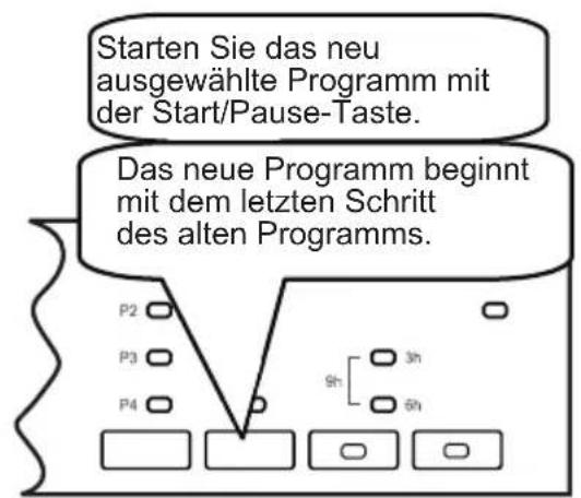 Starten Sie das neu ausgewählte Programm mit der Start/Pause-Taste. Das neue Programm beginnt mit dem letzten Schritt des alten Programms.