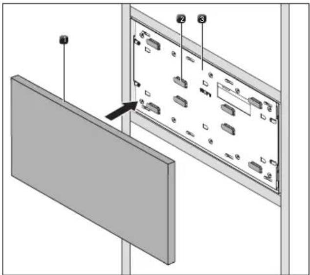 Diagram showing a device panel with labeled components and an arrow pointing to a component, likely illustrating a display or assembly process.